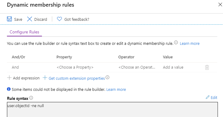 Screenshot of the Dynamic Group membership rule generator. Set up a rule that includes members from a specific place.