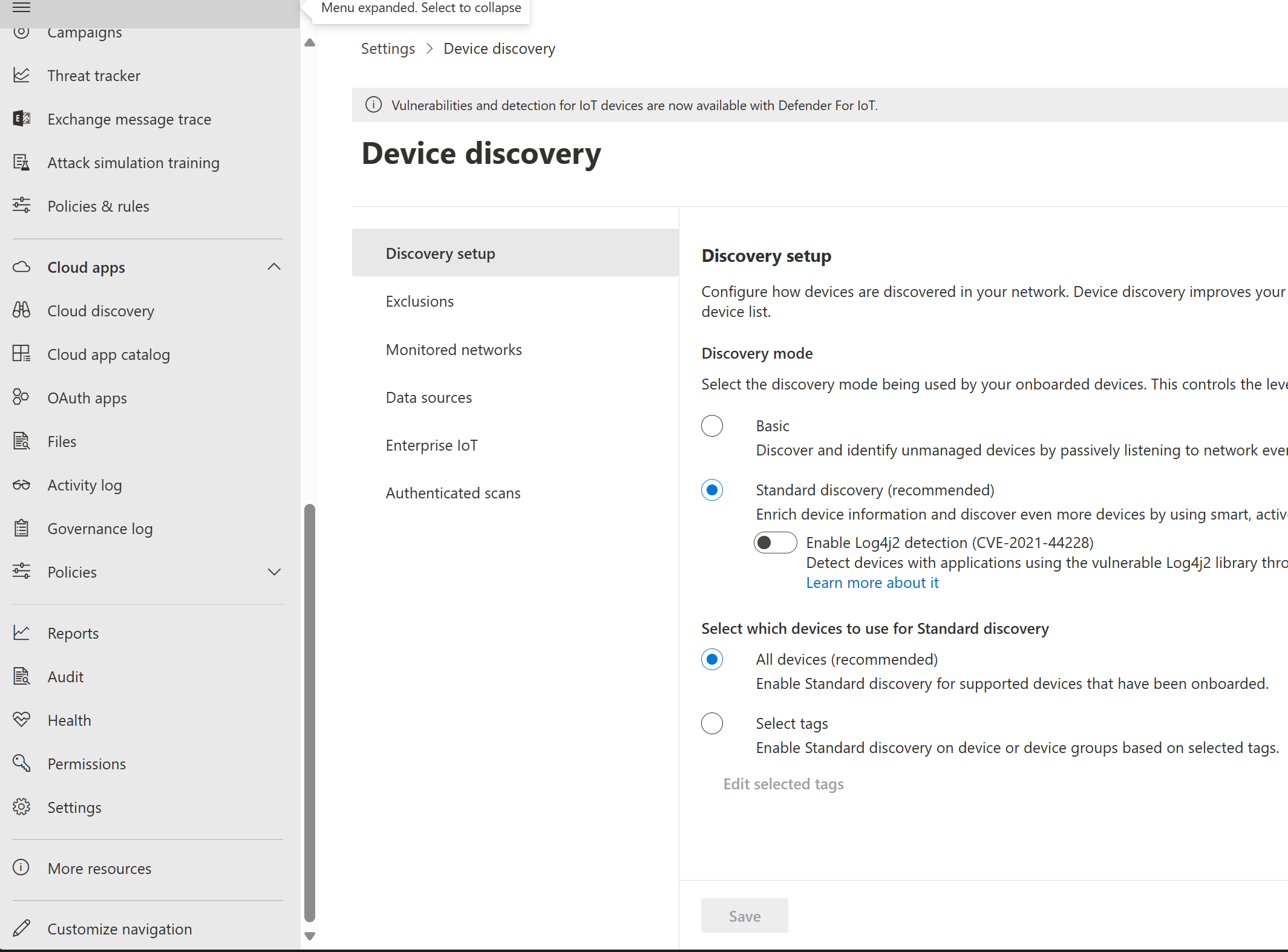 Screenshot of the Settings Device discovery options.