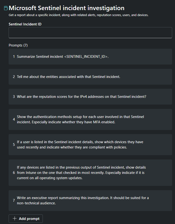 Screen capture showing the Microsoft Sentinel incident investigation promptbook.