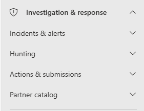 A screenshot of the Microsoft Defender portal showing the selections available for investigation and response. They are incidents and alerts, hunting, actions and submissions, and partner catalog.