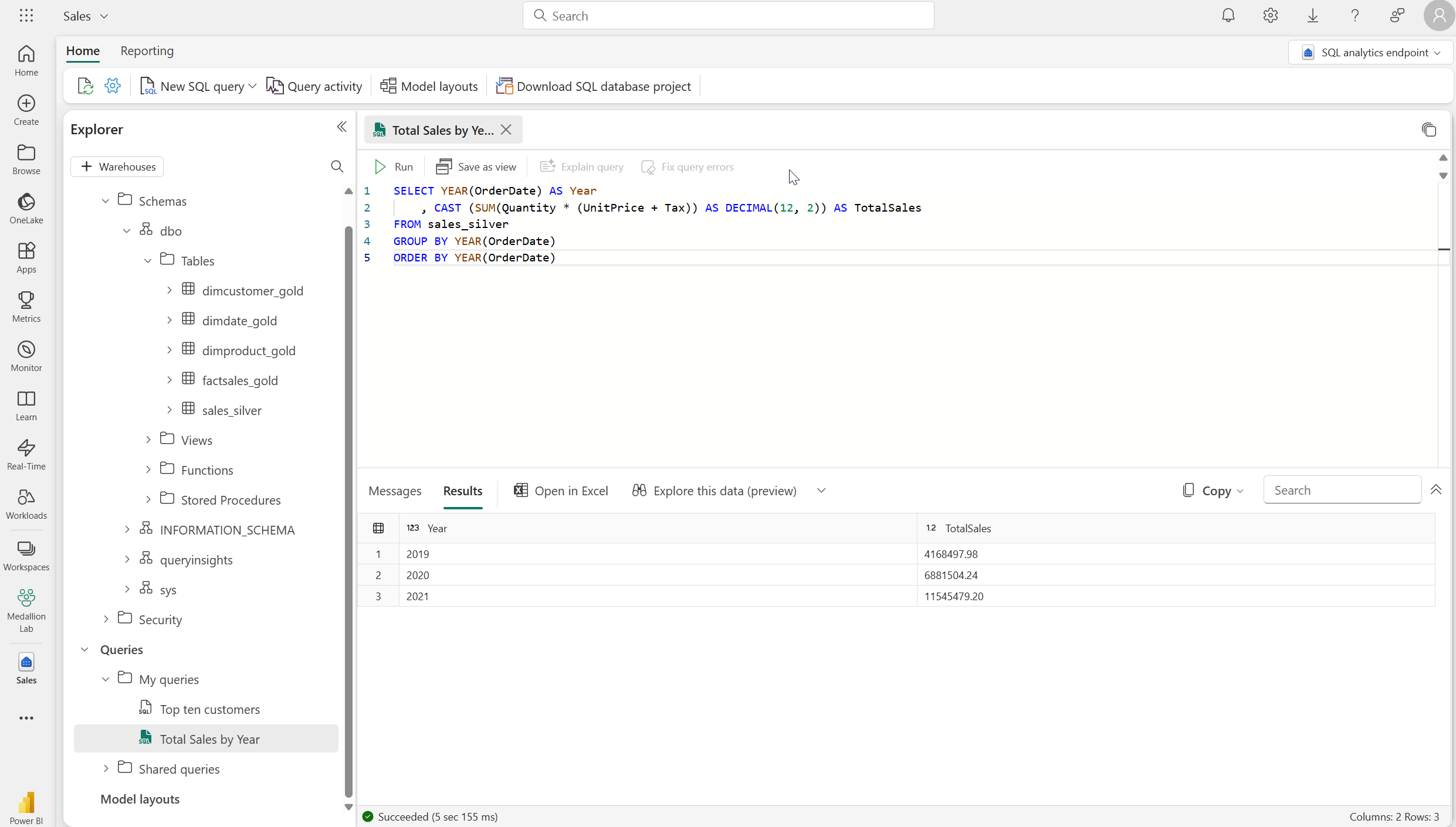 Screenshot of the SQL analytics endpoint in the Fabric user interface.