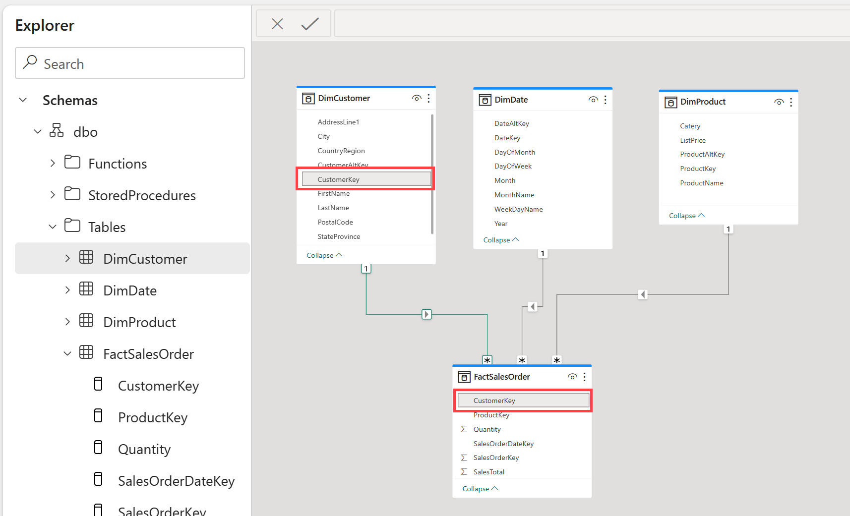 Screenshot of the model view in Fabric displaying relationships between a fact table and three dimension tables.