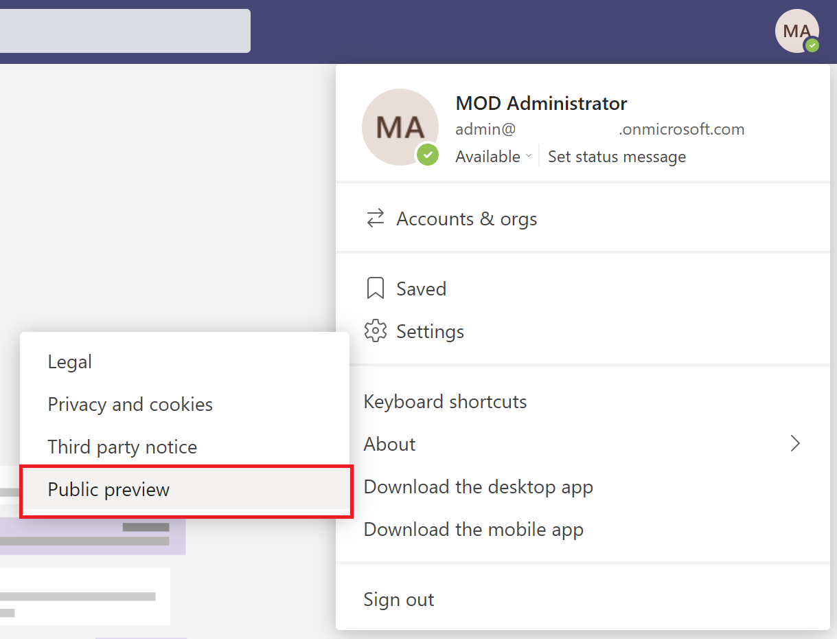 Screenshot of the public preview option in Teams client.