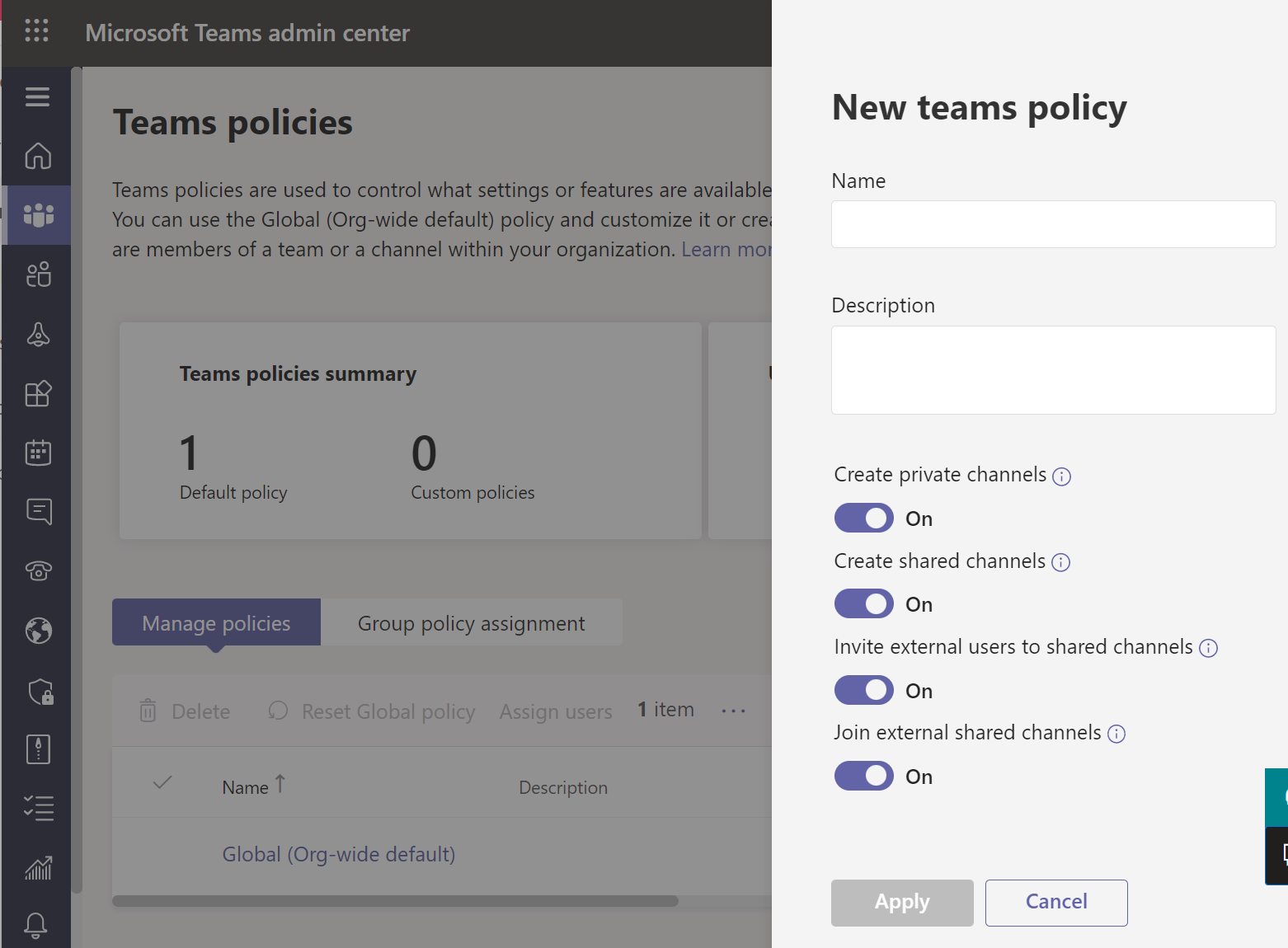  Screenshot of managing users of Teams policies.