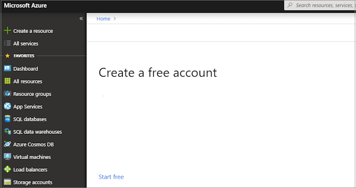 Screenshot of the Azure portal displaying the 'Create a free account' message.