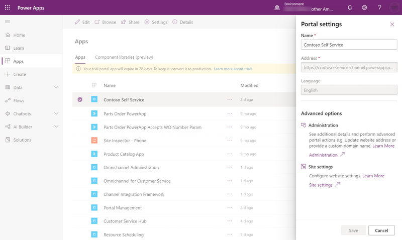 Screenshot that shows the Advanced options settings in the portal.