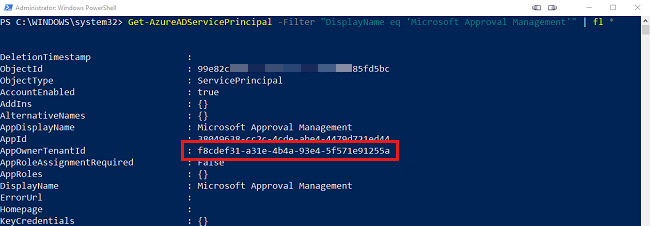 Screenshot of the output of a request to show the Microsoft Entra service principal.