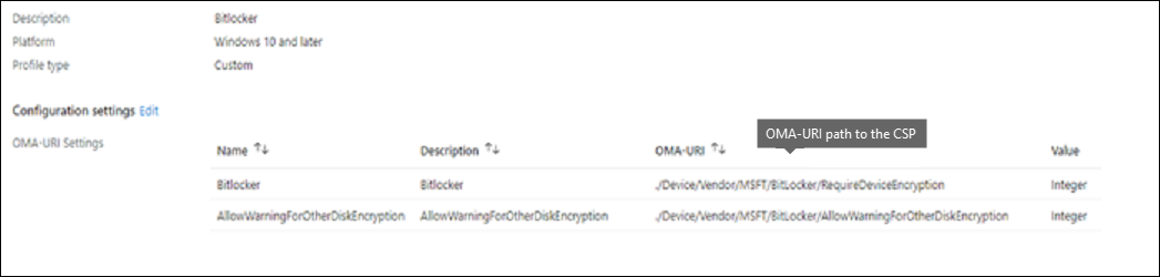 Screenshot of the OMA-URI path to the CSP.