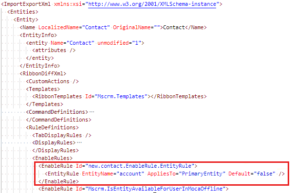 Screenshot shows the location of the enable/display rule.