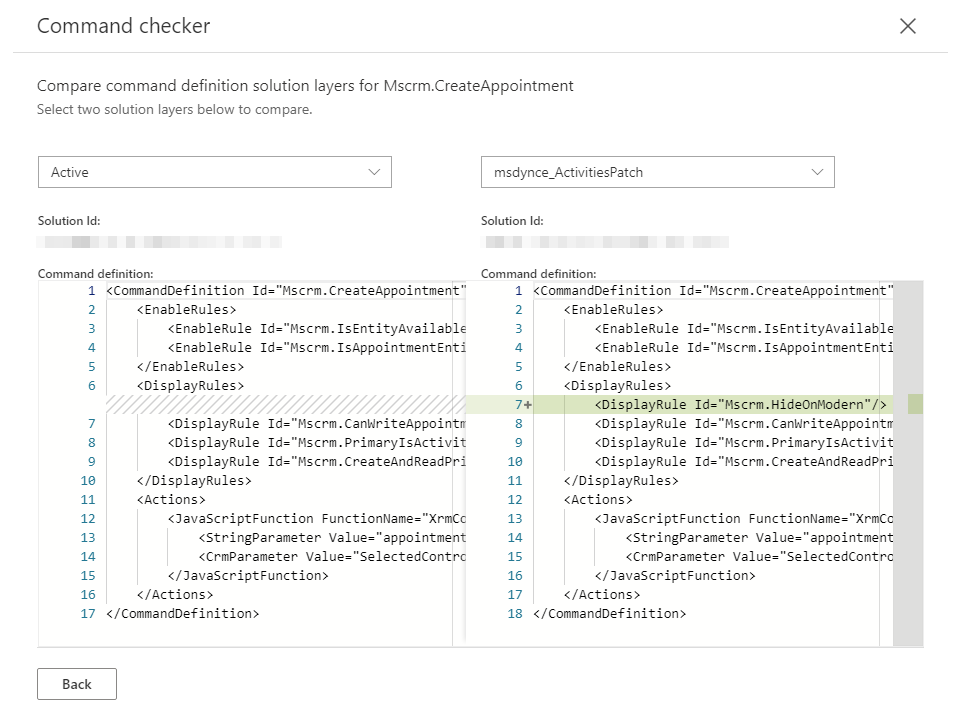 Screenshot shows the comparison of the current active definition and the previous inactive definition.