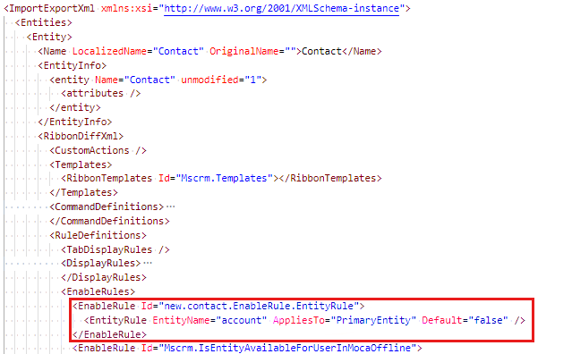 Screenshot shows the location of the enable/display rule.