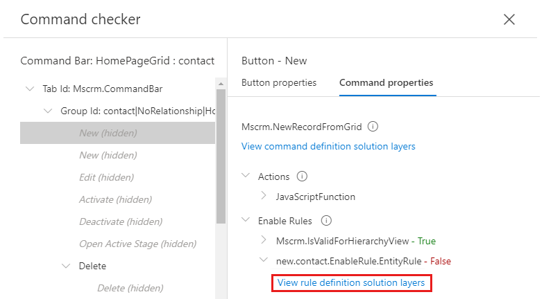 Screenshot shows the View rule definition solution layers link below the rule name.