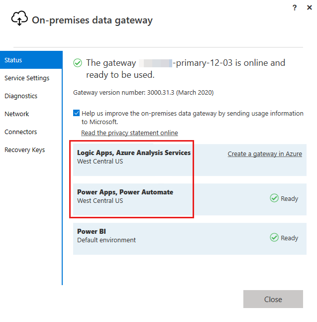 Screenshot that shows the gateway's region on the Status page.