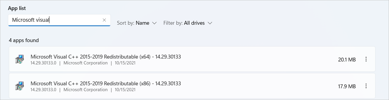 Screenshot of the installed Microsoft Visual C++ Redistributable versions.