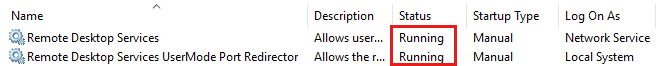 Screenshot of the Remote Desktop services in the Services MMC snap-in.