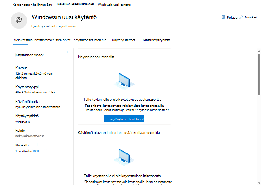 Näyttökuva usean kohteen hallinnan käytäntösivusta Microsoft Defender XDR.