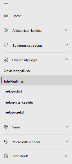 Näyttökuva, jossa näkyy uusi Microsoft Sentinel uhkatietojen valikkosijainti.