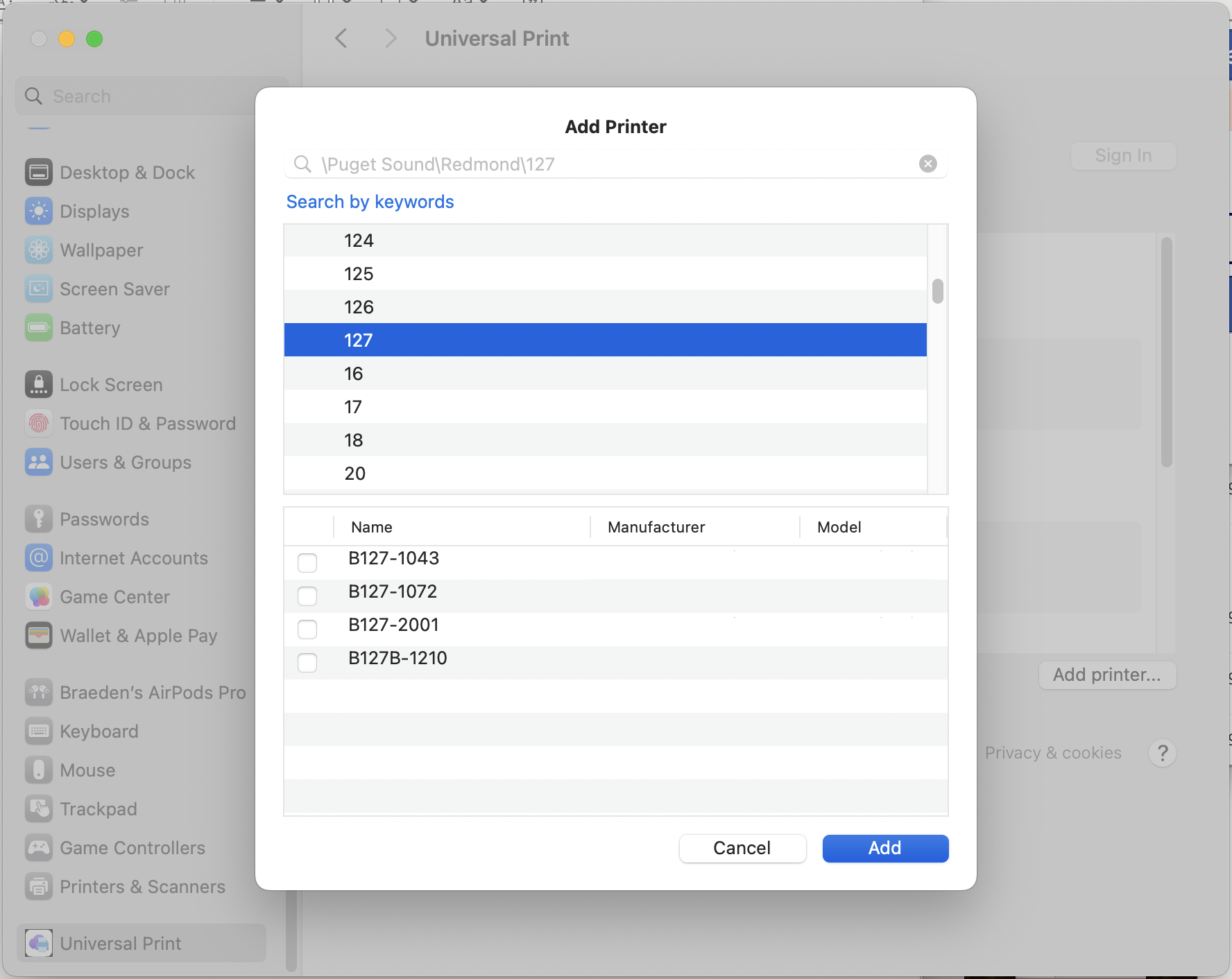 Screenshot of the Universal Print settings page after clicking "Add printers"