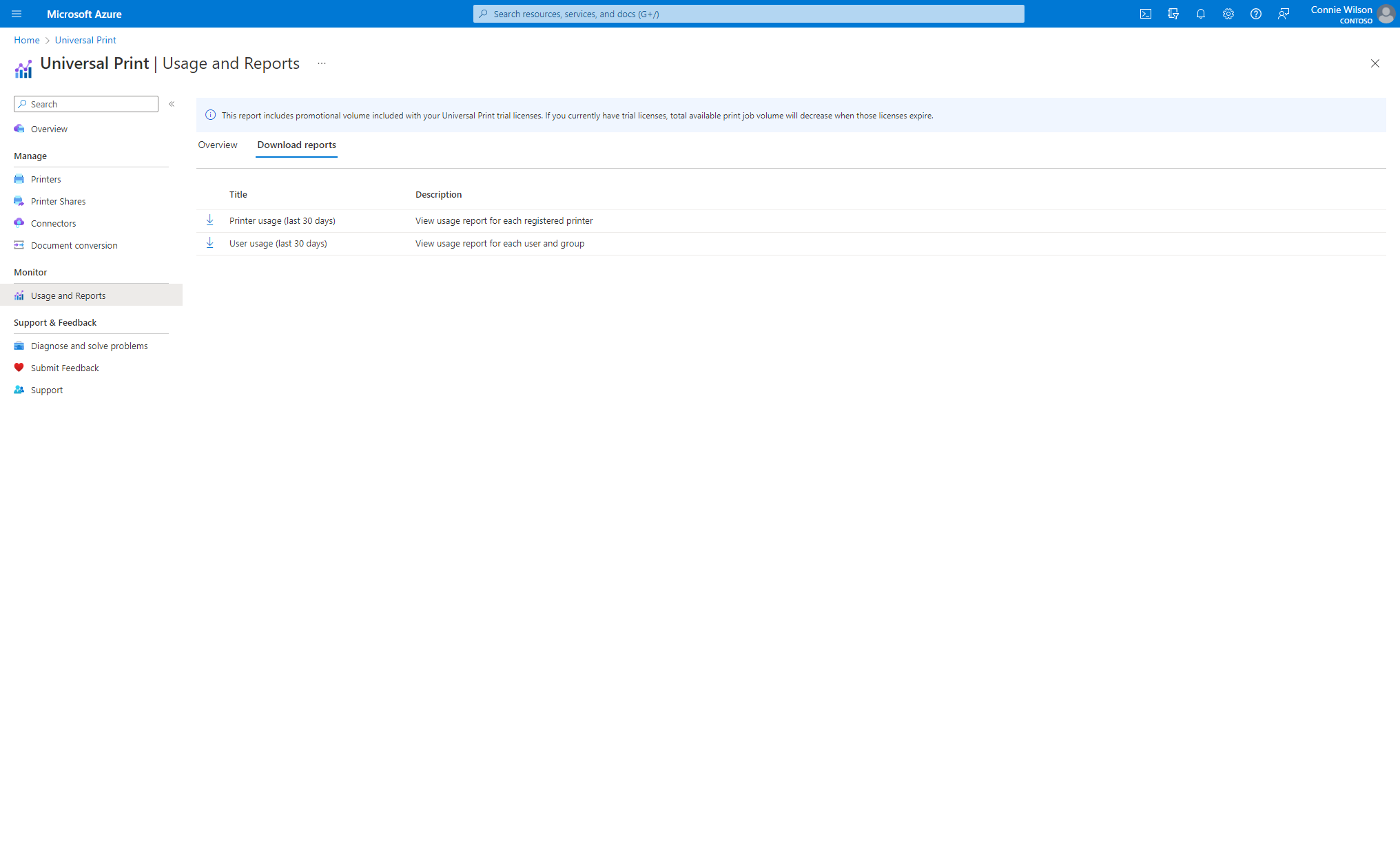 A screenshot showing how to download usage reports by using the Universal Print portal.