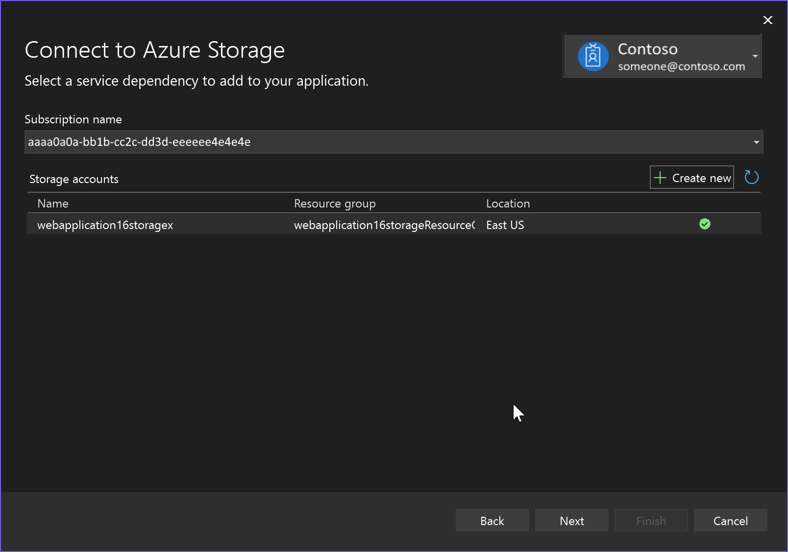 Screenshot showing adding an existing storage account to project.