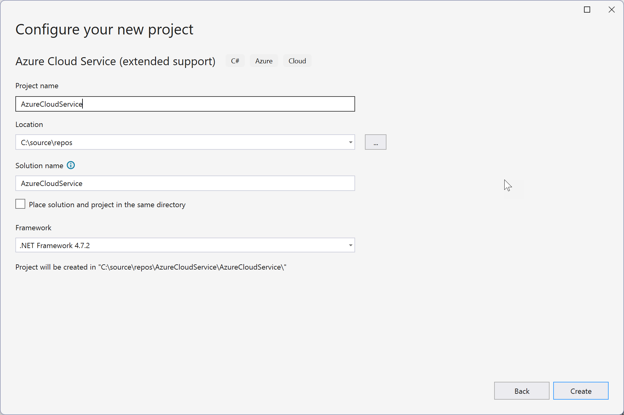 Screenshot showing creating an Azure Cloud Services (extended support) project, and giving the project a name.