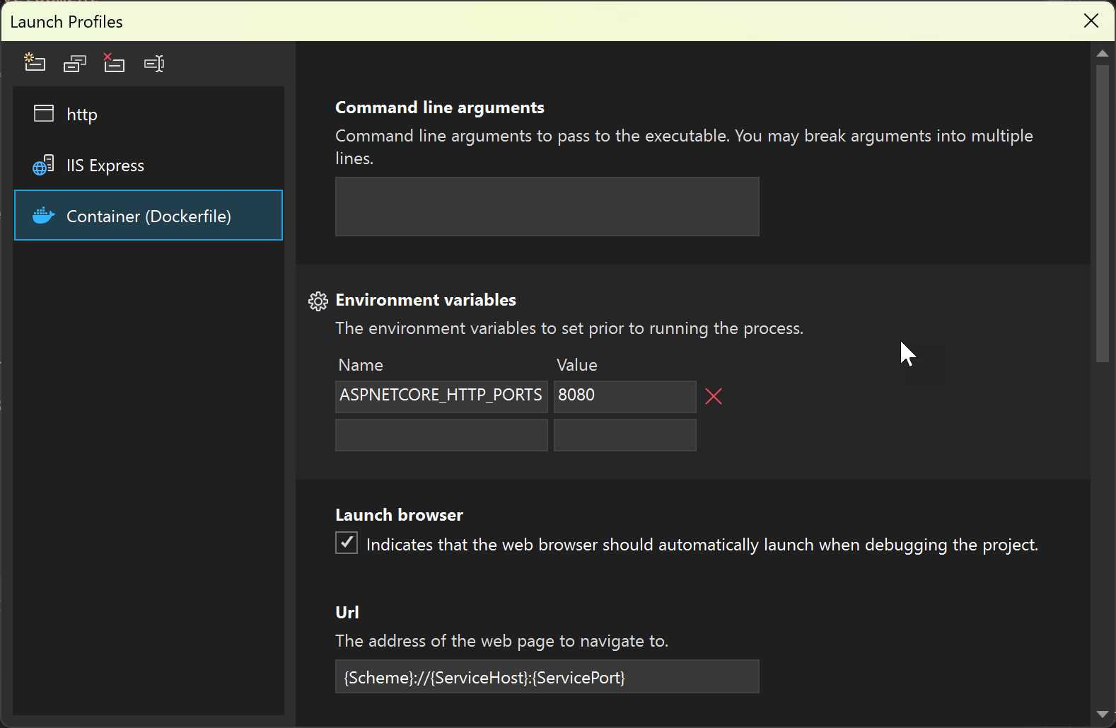 Screenshot of launch profile dialog, showing launch settings for a container launch profile.