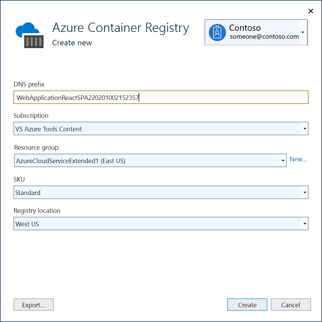 Screenshot of Visual Studio's create Azure Container Registry dialog.