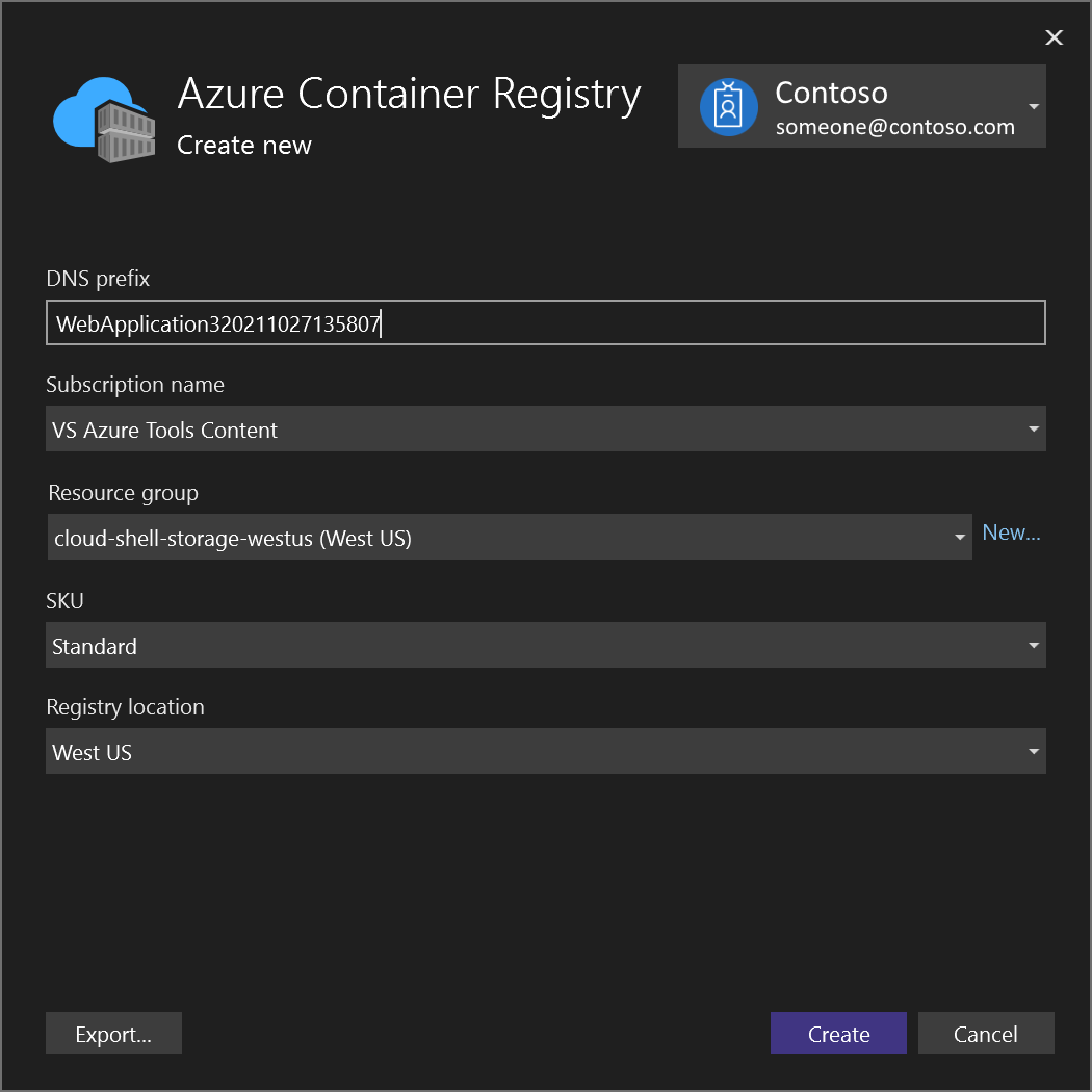 Screenshot of Visual Studio's create Azure Container Registry dialog.