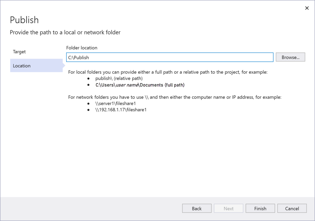 Screenshot of the Pick a publish target dialog in Visual Studio with the Folder `C:\Publish' selected as the publish target.