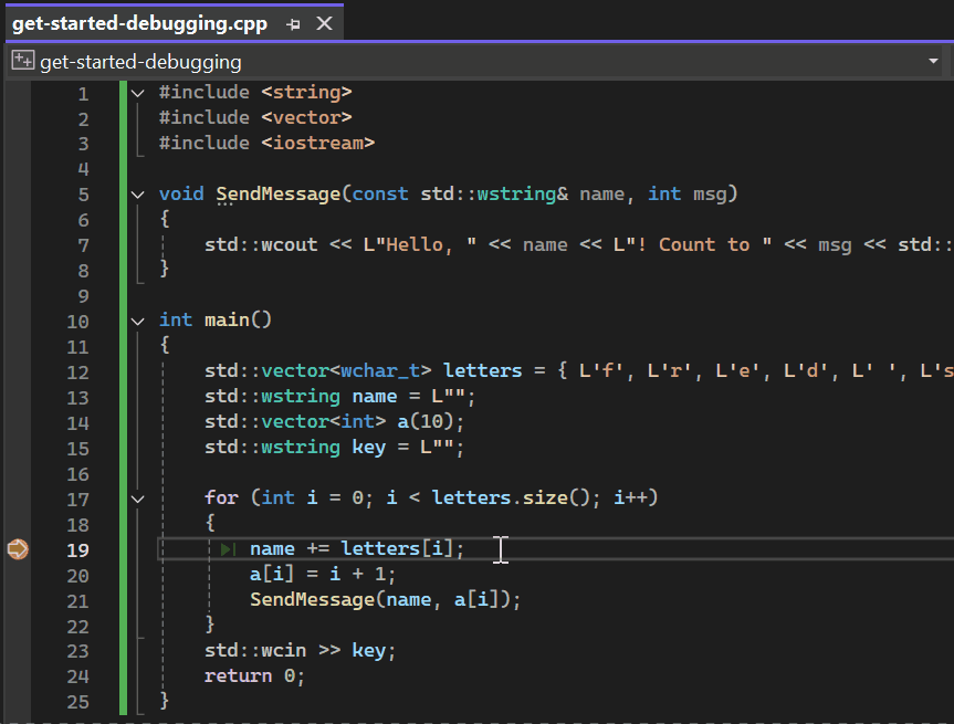 Animation that shows how to inspect the properties and values for a variable in the debugger.