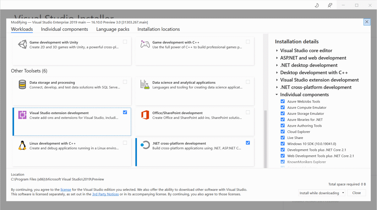 VS Installer showing the extensibility workload.