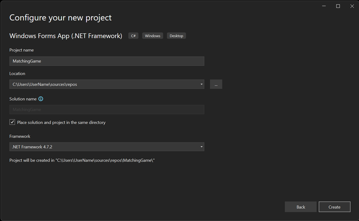 Screenshot of the Configure your new project window.