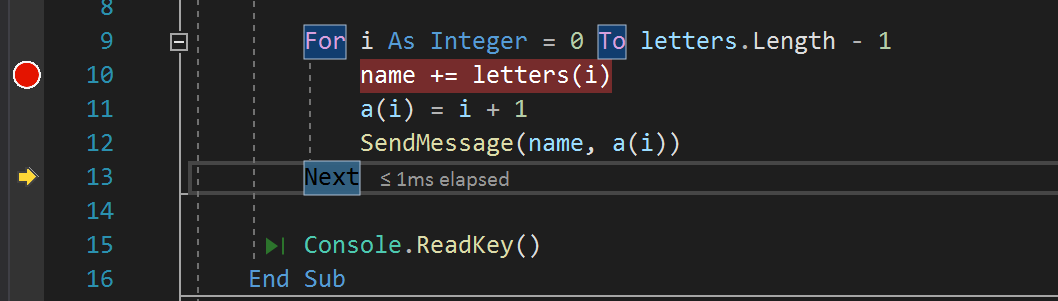 Screenshot showing a Debug session in the Visual Studio code editor with execution paused after stepping over the 'SendMessage' method call.