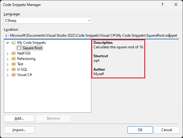 Code snippet description in Code Snippet Manager