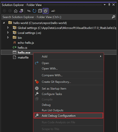 Screenshot that shows how to select the 'Add Debug Configuration' option on the right-click menu in Solution Explorer.