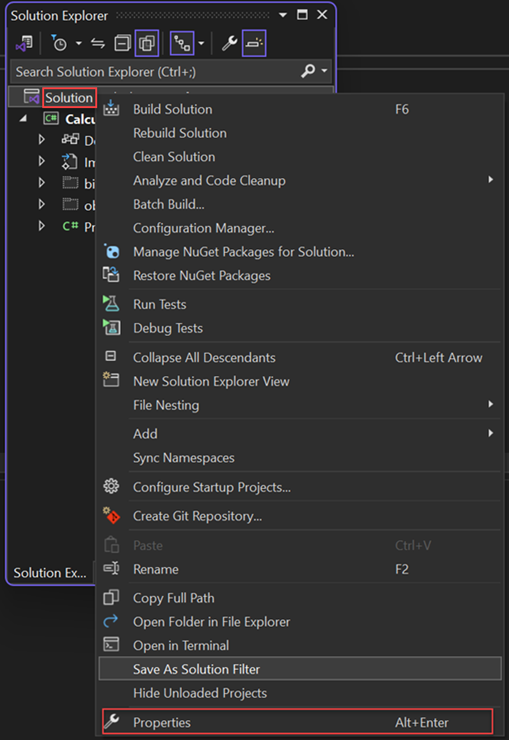 Screenshot of the solution node right-click menu.