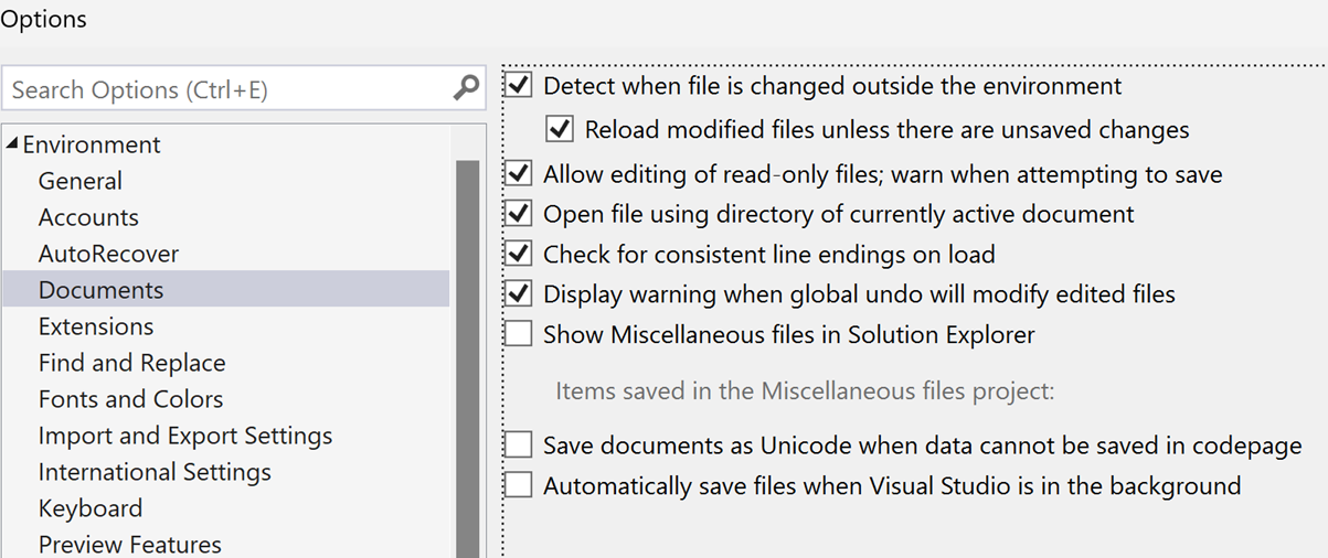 Screenshot of the Documents section in the Options dialog box