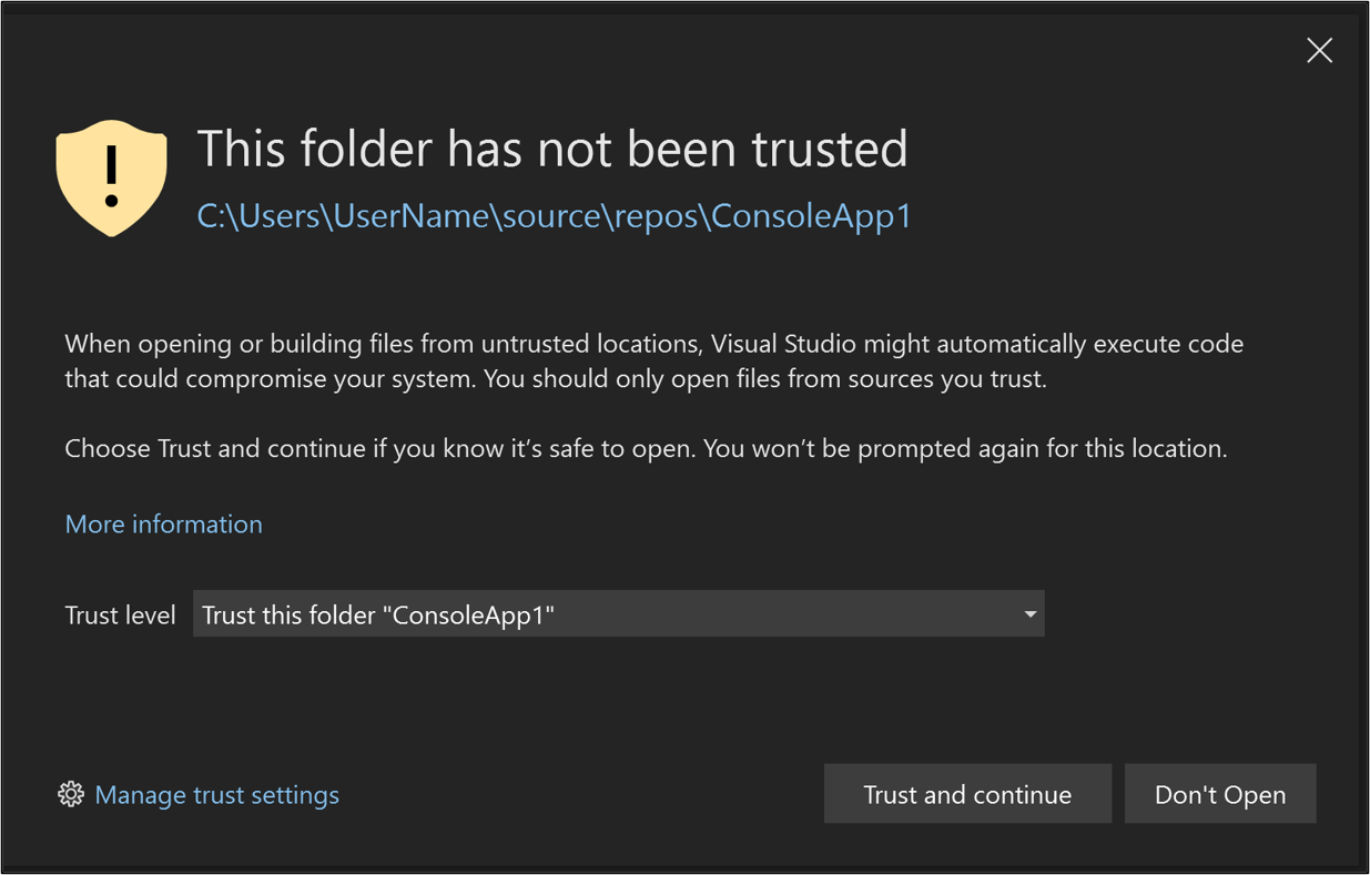 Screenshot of the Trust Settings warning dialog.