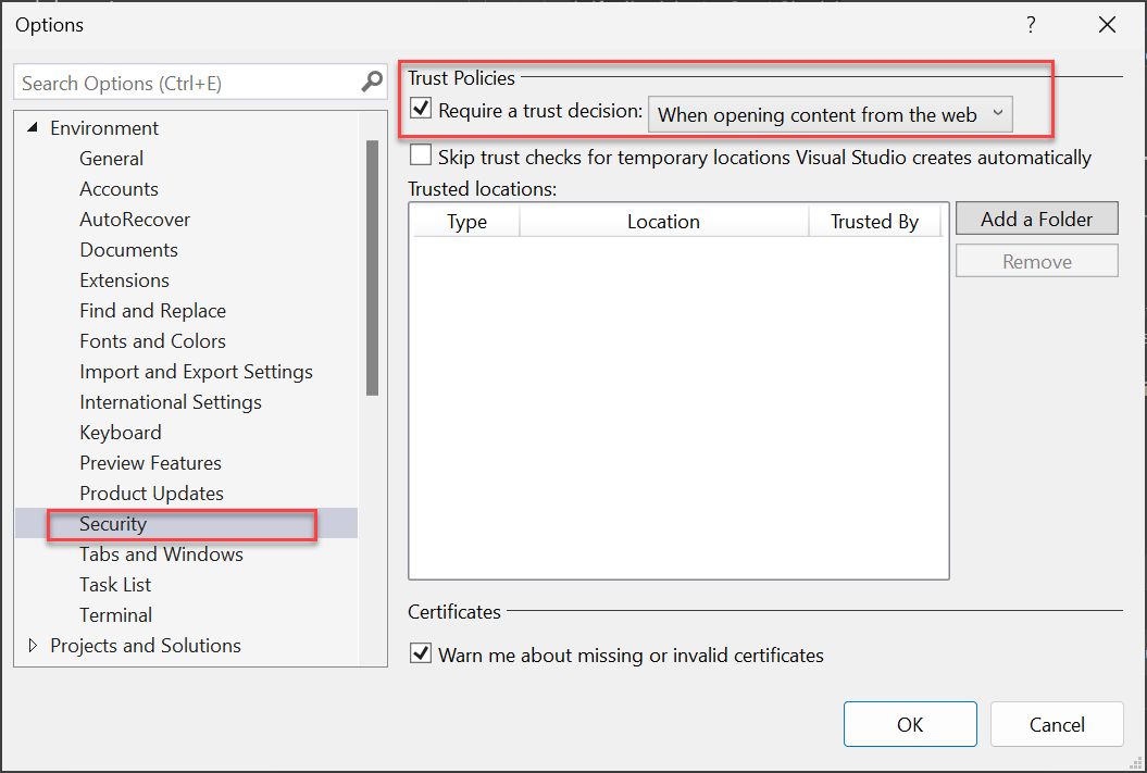 Screenshot showing how to modify the Security options related to opening content from the web.