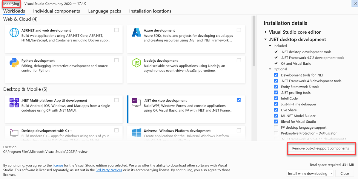 Screenshot of the Remove out-of-support components option.