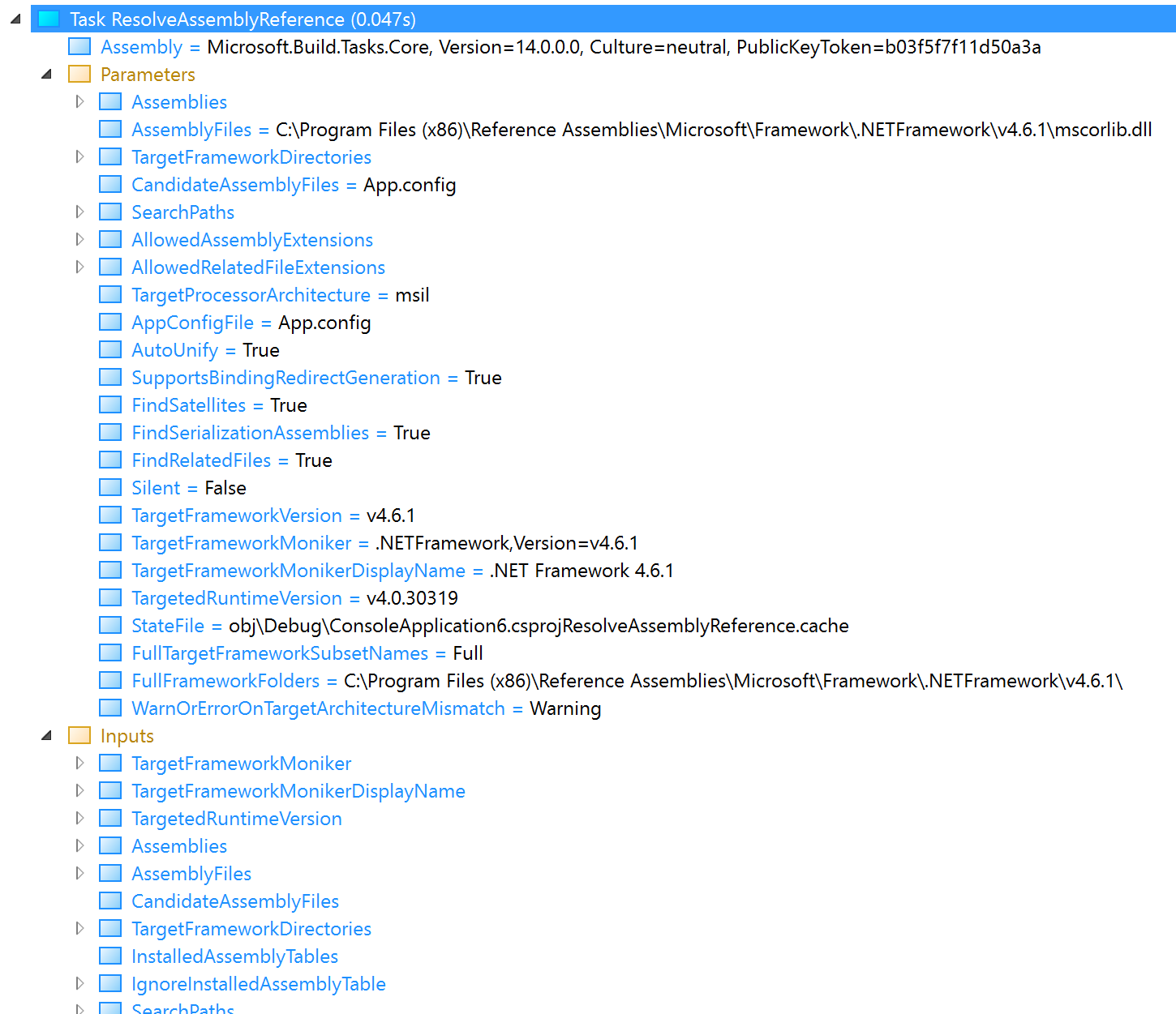 Screenshot showing input parameters for the ResolveAssemblyReference task.