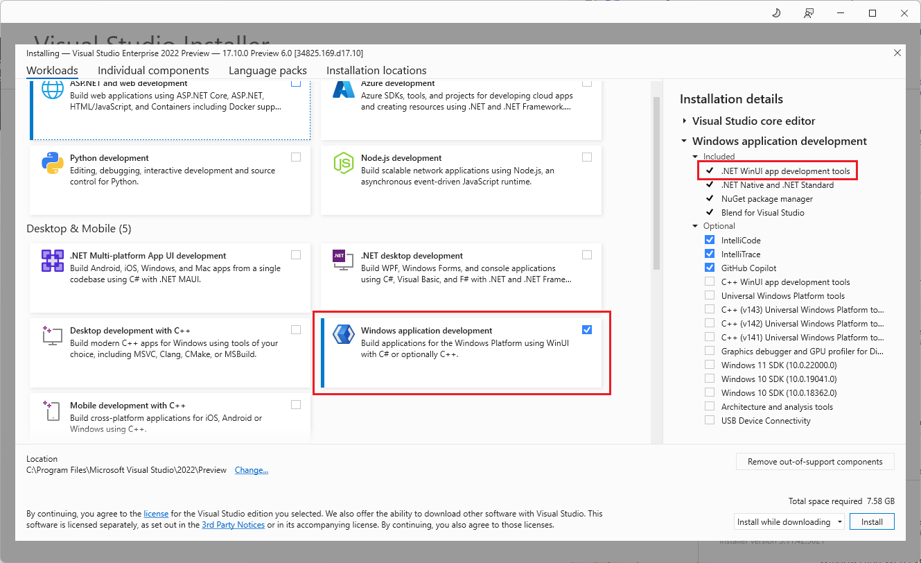 WinUI workload selection with C# only