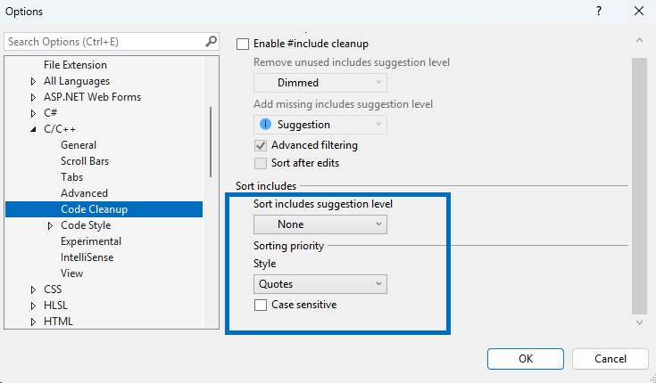 Sort Includes Setting