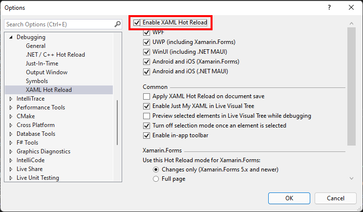 Screenshot of the XAML Hot Reload options dialog.