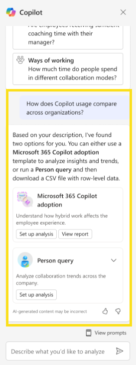 Screenshot that shows how Copilot can suggest queries based on your question.