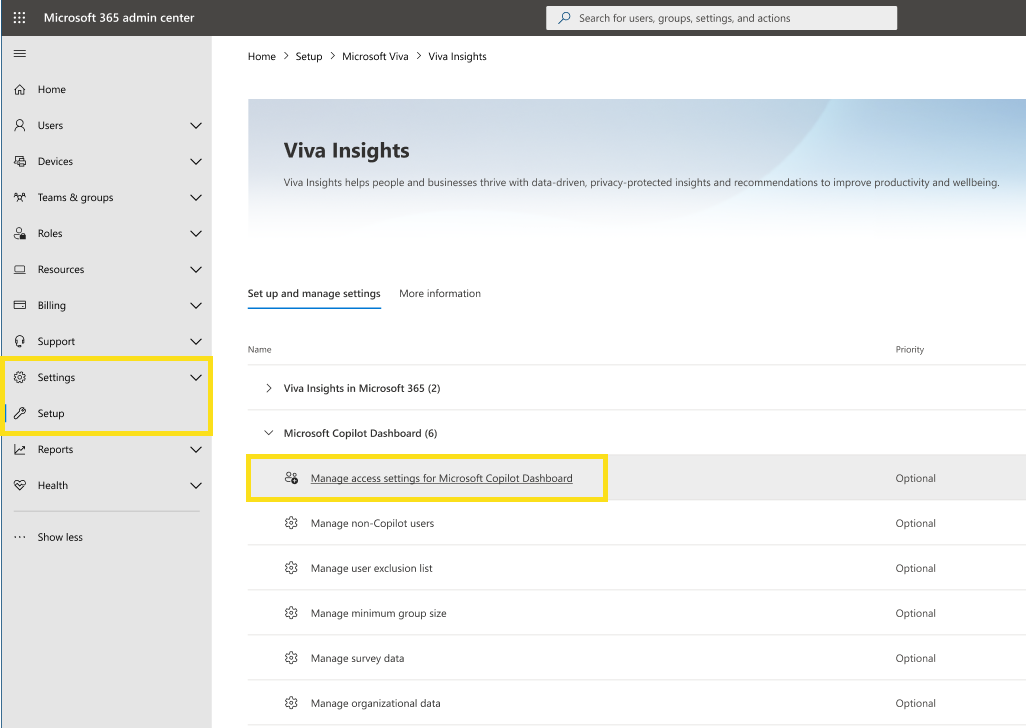 Screenshot that shows where to access the Copilot Dashboard settings.