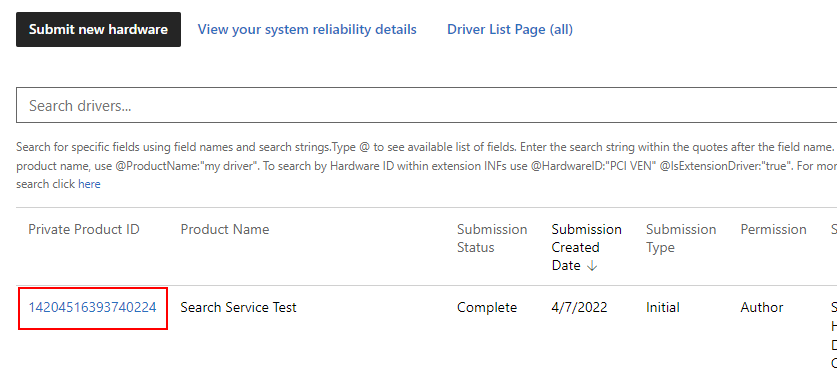 Screenshot that shows a selected hardware driver submission