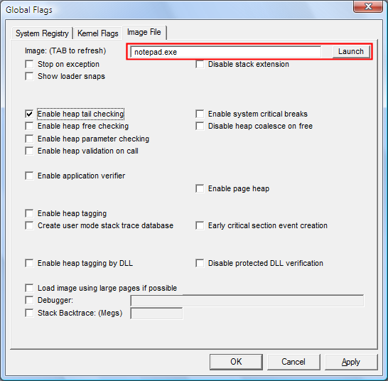 Screenshot of the Image File tab in Windows Vista with the Launch button.