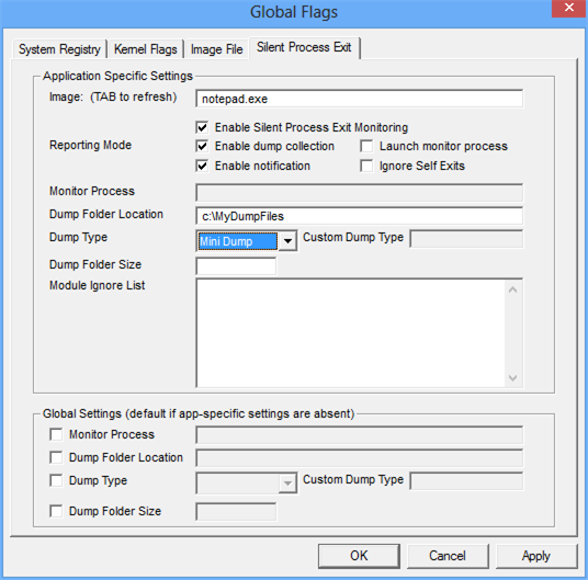 Screenshot of the Silent Process Exit tab in Windows 8.