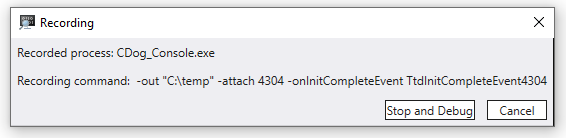 Screenshot of TTD recording popup with Stop and Debug, and Cancel options.